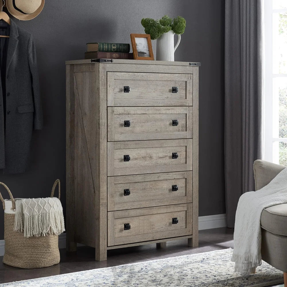 T4TREAM Farmhouse 5 Drawer Dresser - Rustic Wood Chest