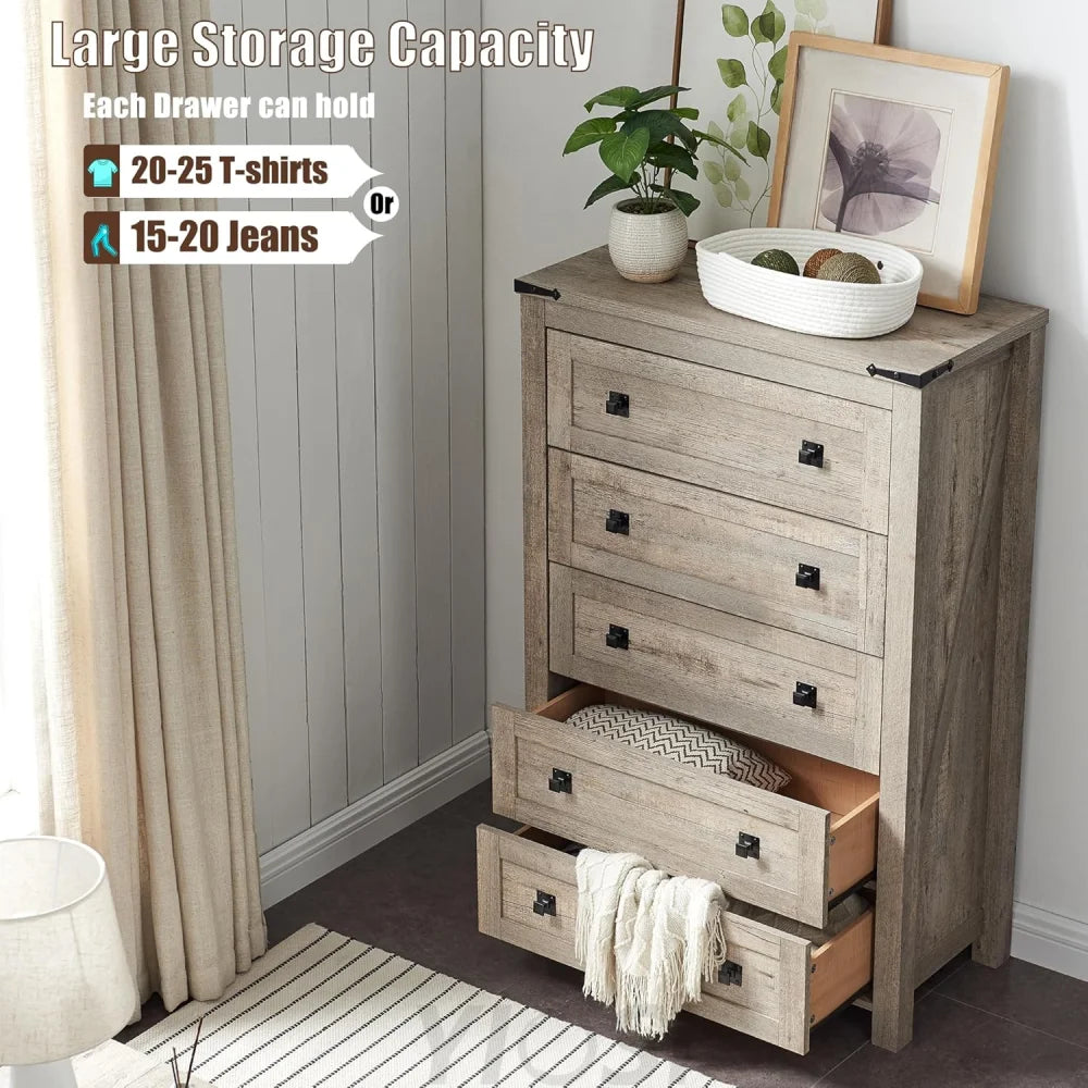 T4TREAM Farmhouse 5 Drawer Dresser - Rustic Wood Chest