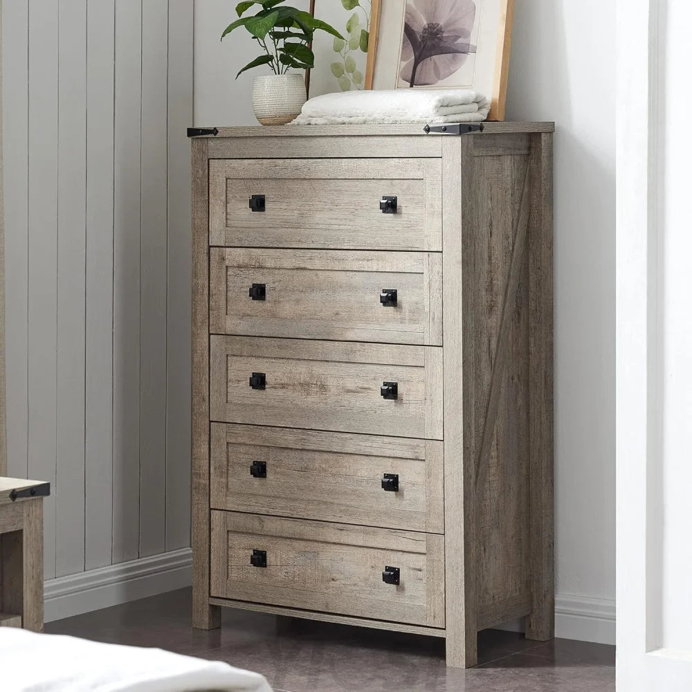 T4TREAM Farmhouse 5 Drawer Dresser - Rustic Wood Chest