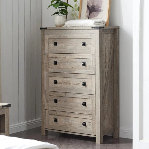 T4TREAM Farmhouse 5 Drawer Dresser - Rustic Wood Chest