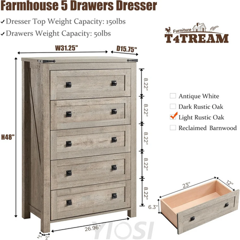 T4TREAM Farmhouse 5 Drawer Dresser - Rustic Wood Chest