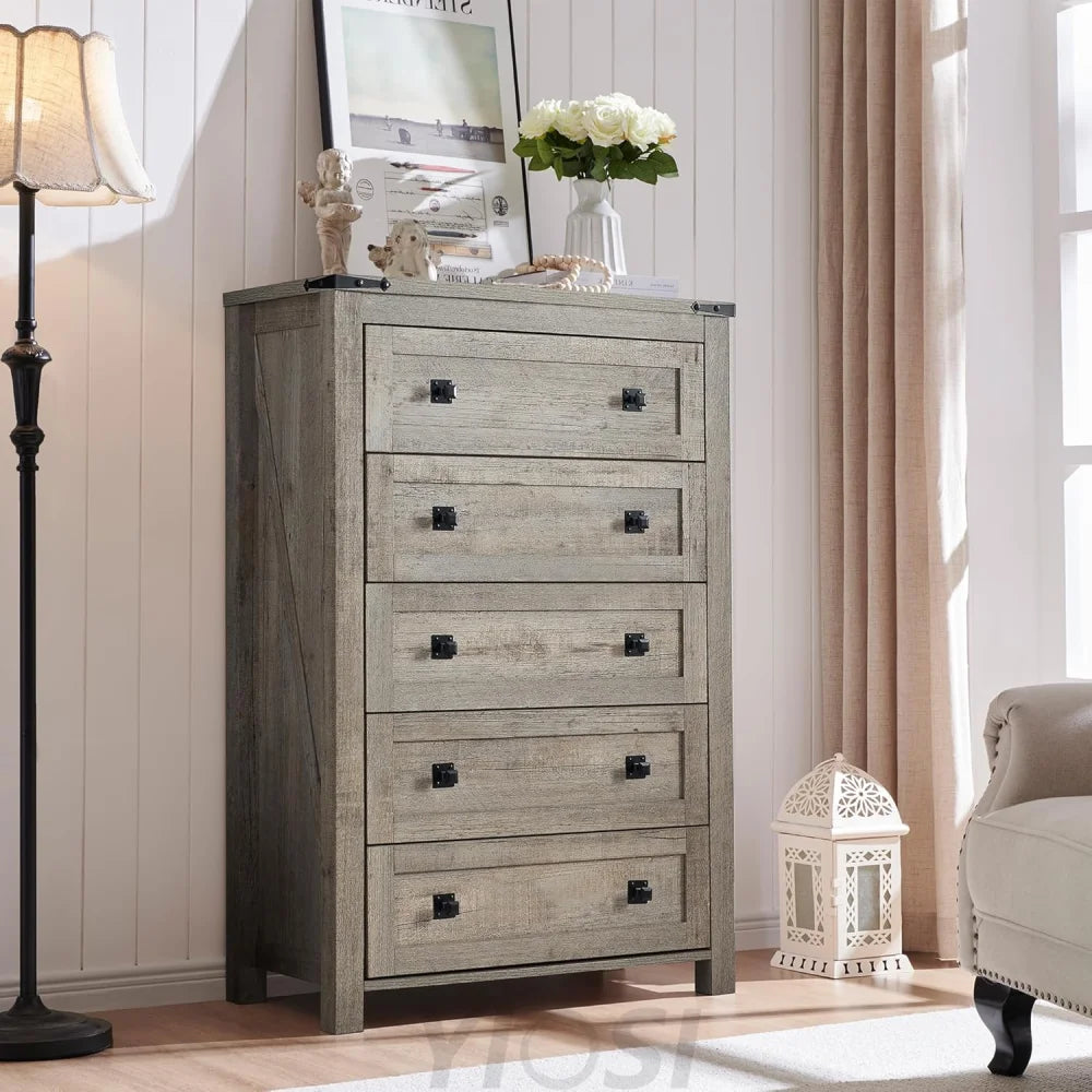 T4TREAM Farmhouse 5 Drawer Dresser - Rustic Wood Chest