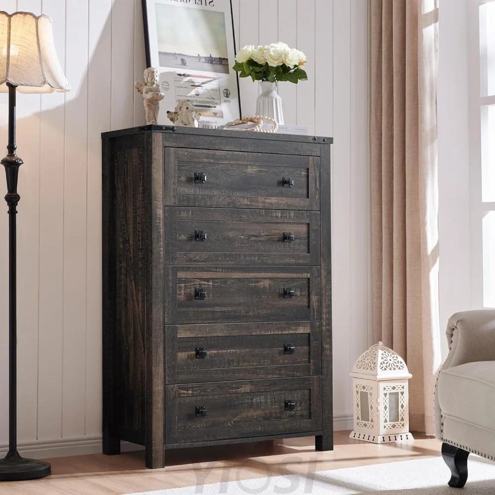 Farmhouse 5 Drawer Dresser - Rustic Wood Chest Dark Rustic Oak