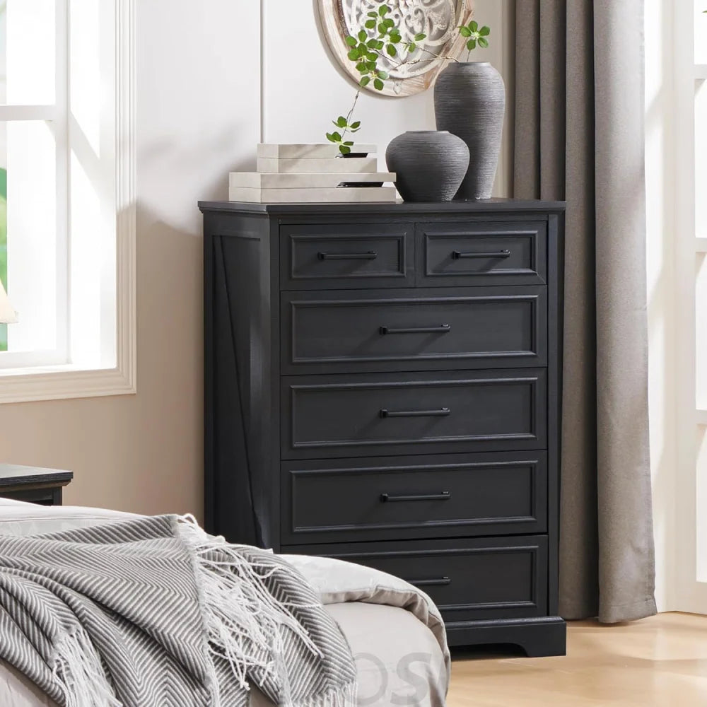 Farmhouse 6-Drawer Black Dresser, Wood Organizer for Bedroom, Living Room