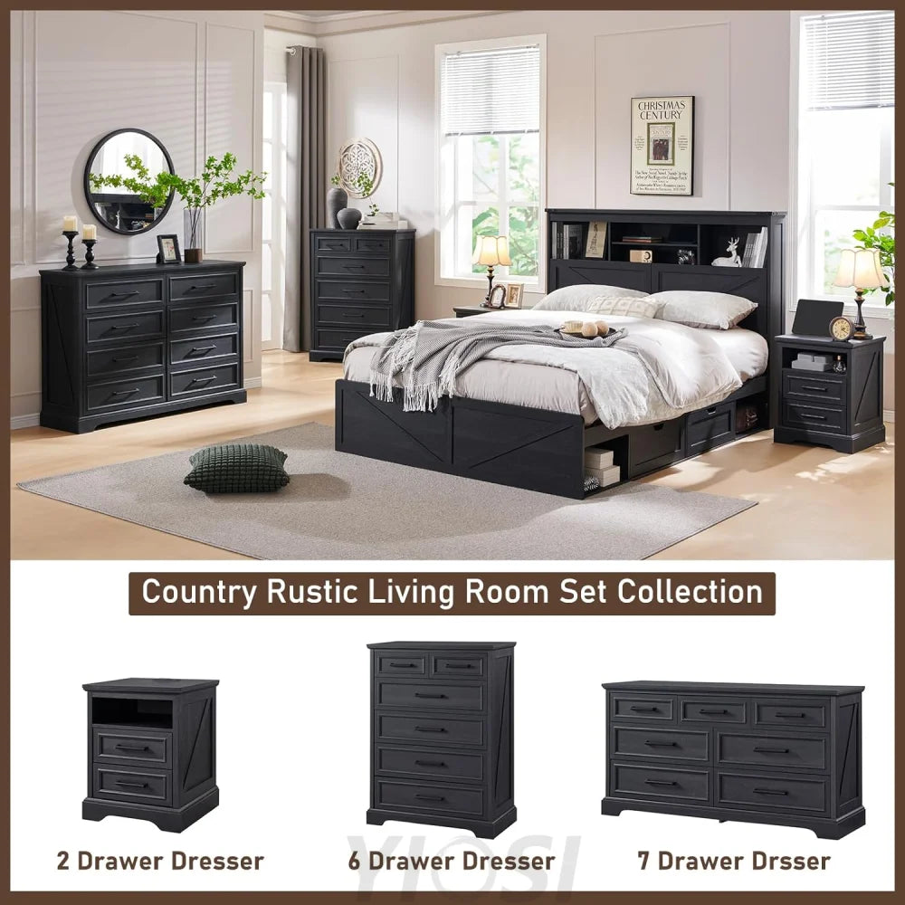 Farmhouse 6-Drawer Black Dresser, Wood Organizer for Bedroom, Living Room
