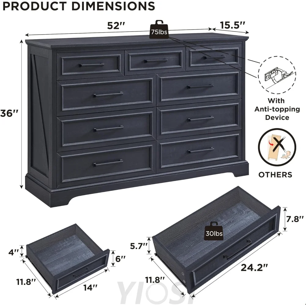 Farmhouse 9-Drawer Dresser with Roman Column - Off White