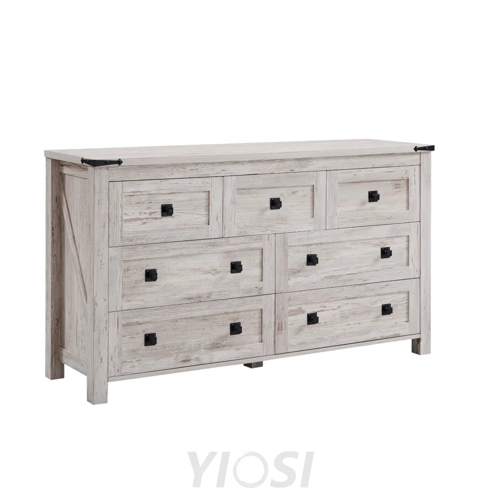 Farmhouse Antique White 7-Drawer Dresser TV Stand Organizer