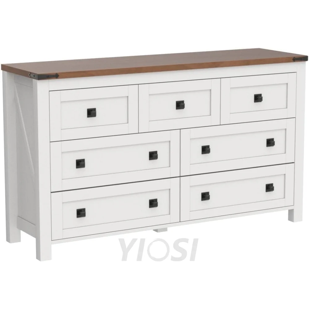 T4TREAM Farmhouse Antique White 7-Drawer Dresser, TV Stand, Organizer