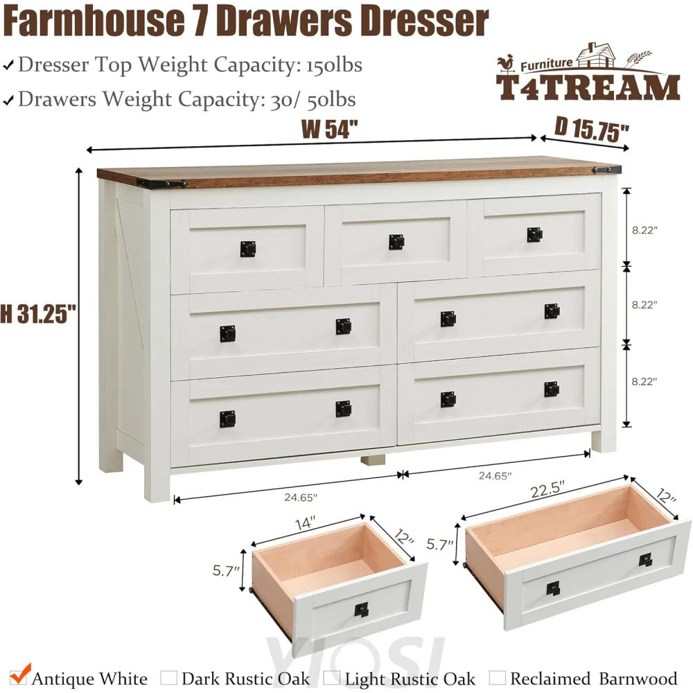 T4TREAM Farmhouse Antique White 7-Drawer Dresser, TV Stand, Organizer