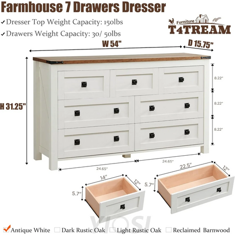 T4TREAM Farmhouse Antique White 7-Drawer Dresser, TV Stand, Organizer