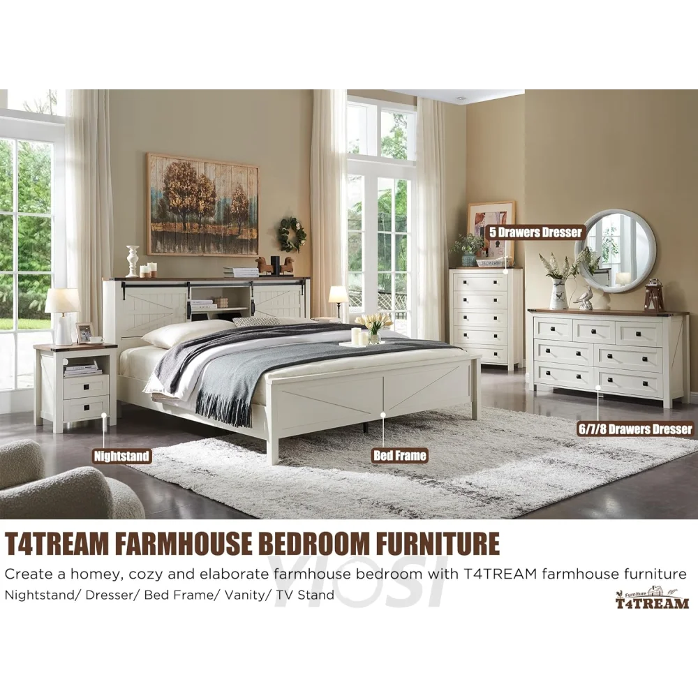T4TREAM Farmhouse Antique White 7-Drawer Dresser, TV Stand, Organizer