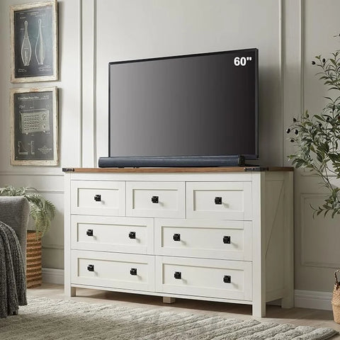 T4TREAM Farmhouse Antique White 7-Drawer Dresser, TV Stand, Organizer