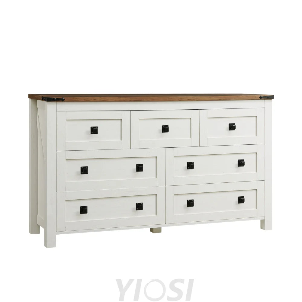 Farmhouse Antique White 7-Drawer Dresser TV Stand Organizer