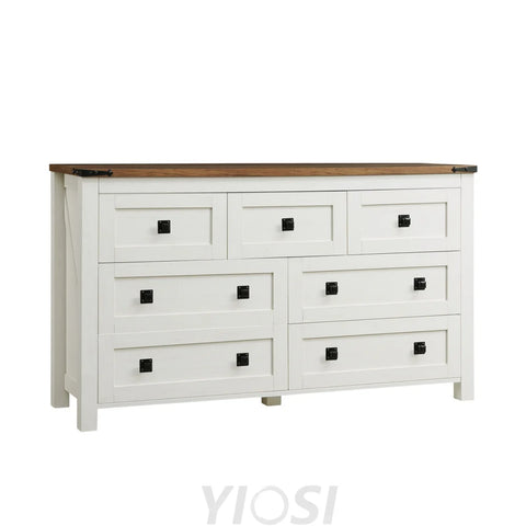 Farmhouse Antique White 7-Drawer Dresser TV Stand Organizer