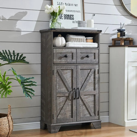 Farmhouse Bathroom Floor Cabinet with Drawer and Barn Doors - Grey