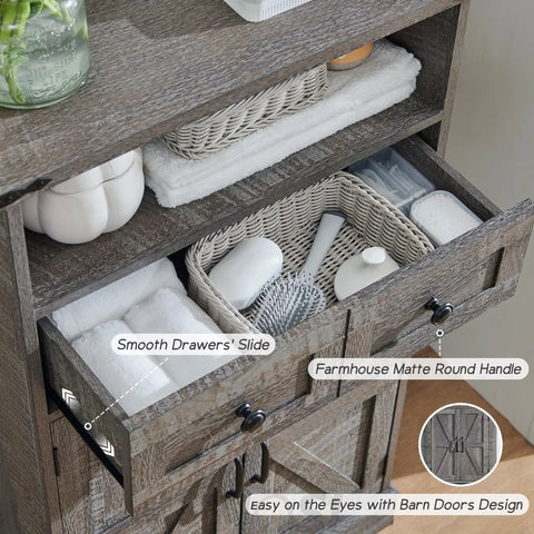 Farmhouse Bathroom Floor Cabinet with Drawer and Barn Doors - Grey