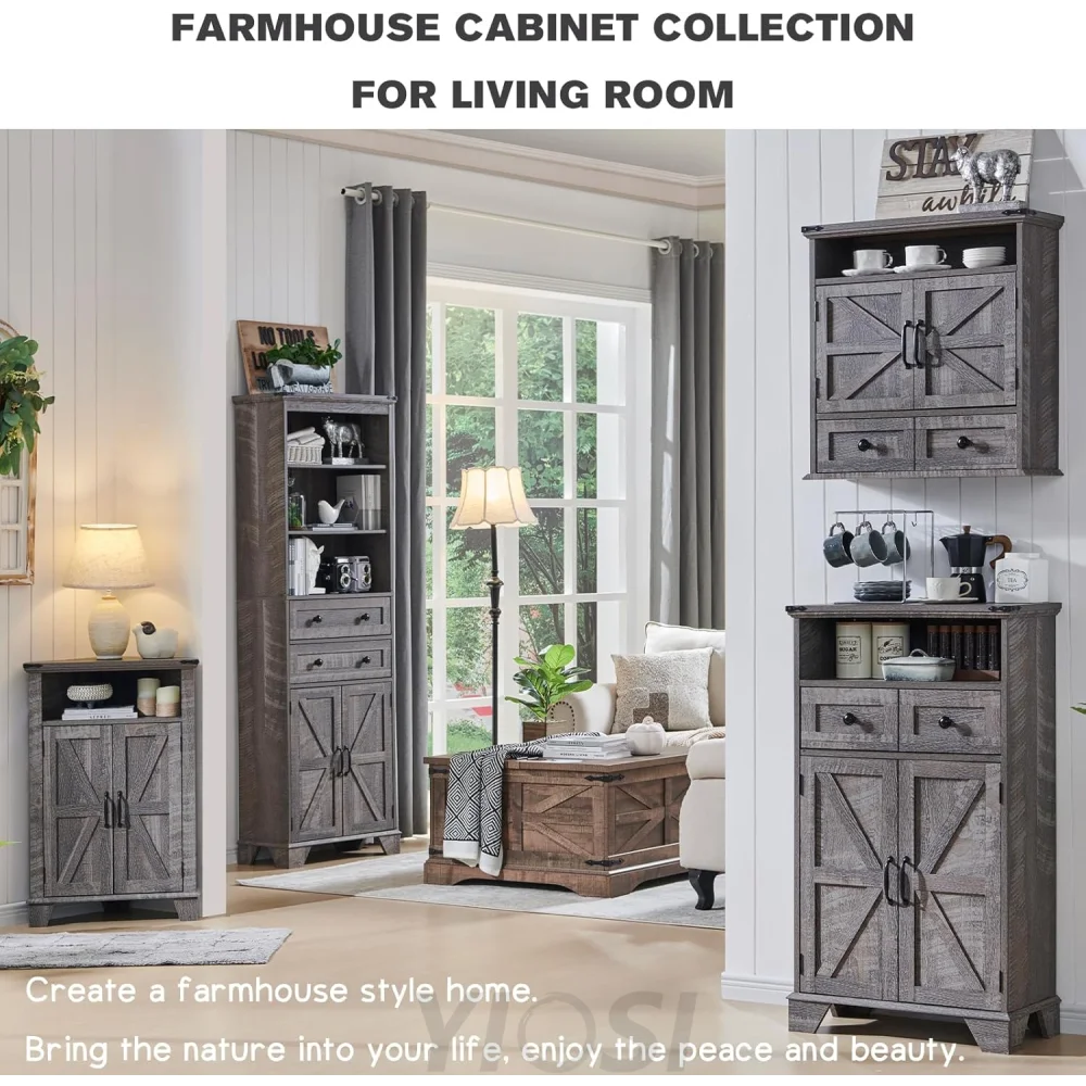 Farmhouse Bathroom Floor Cabinet with Drawer and Barn Doors - Grey
