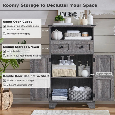 Farmhouse Bathroom Floor Cabinet with Drawer and Barn Doors - Grey