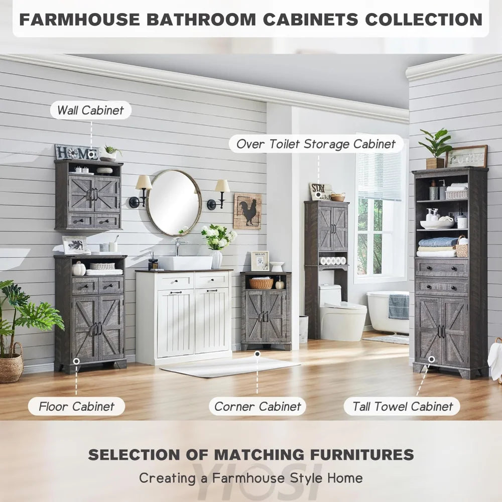 Farmhouse Bathroom Floor Cabinet with Drawer and Barn Doors - Grey