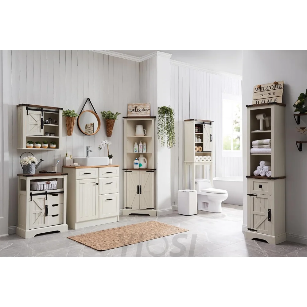 OKD Farmhouse Bathroom Floor Cabinet with Sliding Barn Door & Drawers