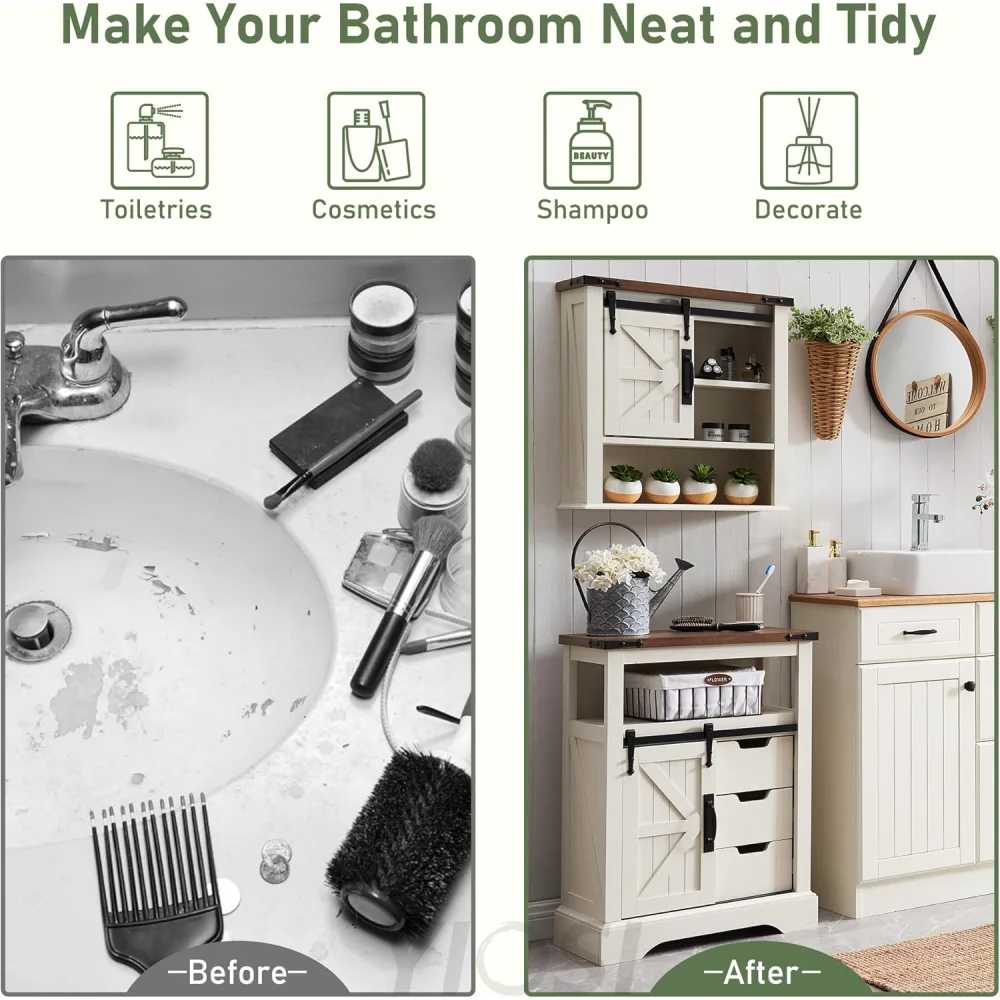 OKD Farmhouse Bathroom Floor Cabinet with Sliding Barn Door & Drawers