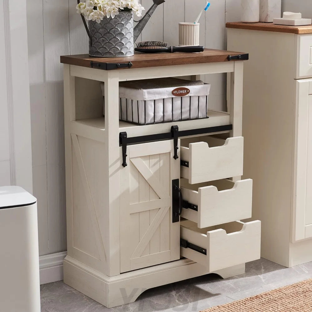 OKD Farmhouse Bathroom Floor Cabinet with Sliding Barn Door & Drawers