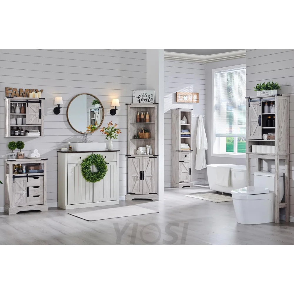 Farmhouse Bathroom Storage Cabinet with Adjustable Shelves and Drawer