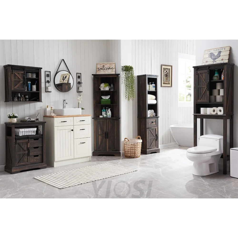OKD Farmhouse Bathroom Wall Cabinet with Sliding Barn Door