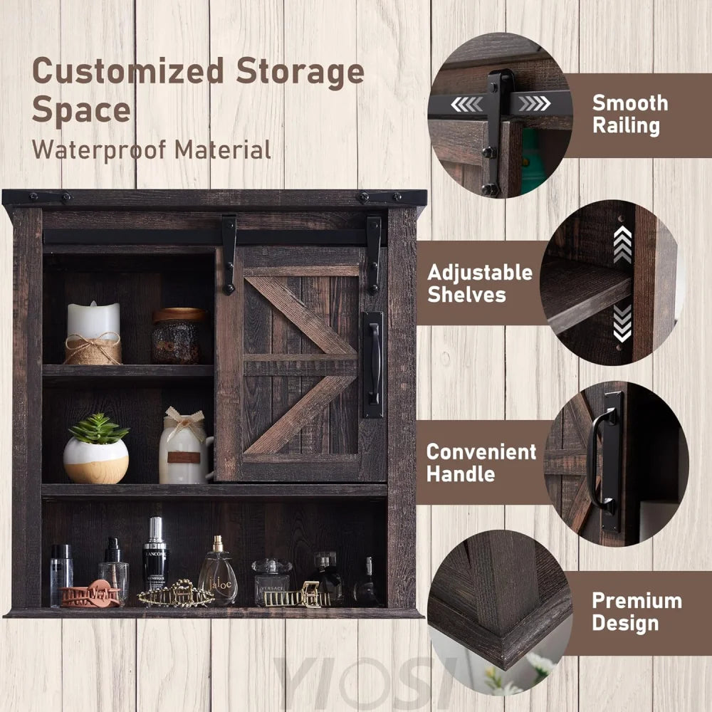 OKD Farmhouse Bathroom Wall Cabinet with Sliding Barn Door