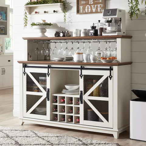 Farmhouse Coffee Bar Cabinet with LED Lights Antique White, 55-Inch