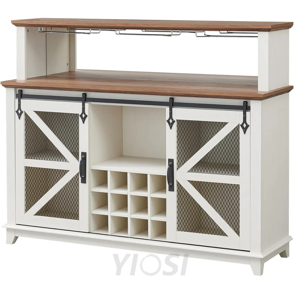 Farmhouse Coffee Bar Cabinet with LED Lights Antique White, 55-Inch