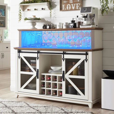 Farmhouse Coffee Bar Cabinet with LED Lights Antique White, 55-Inch