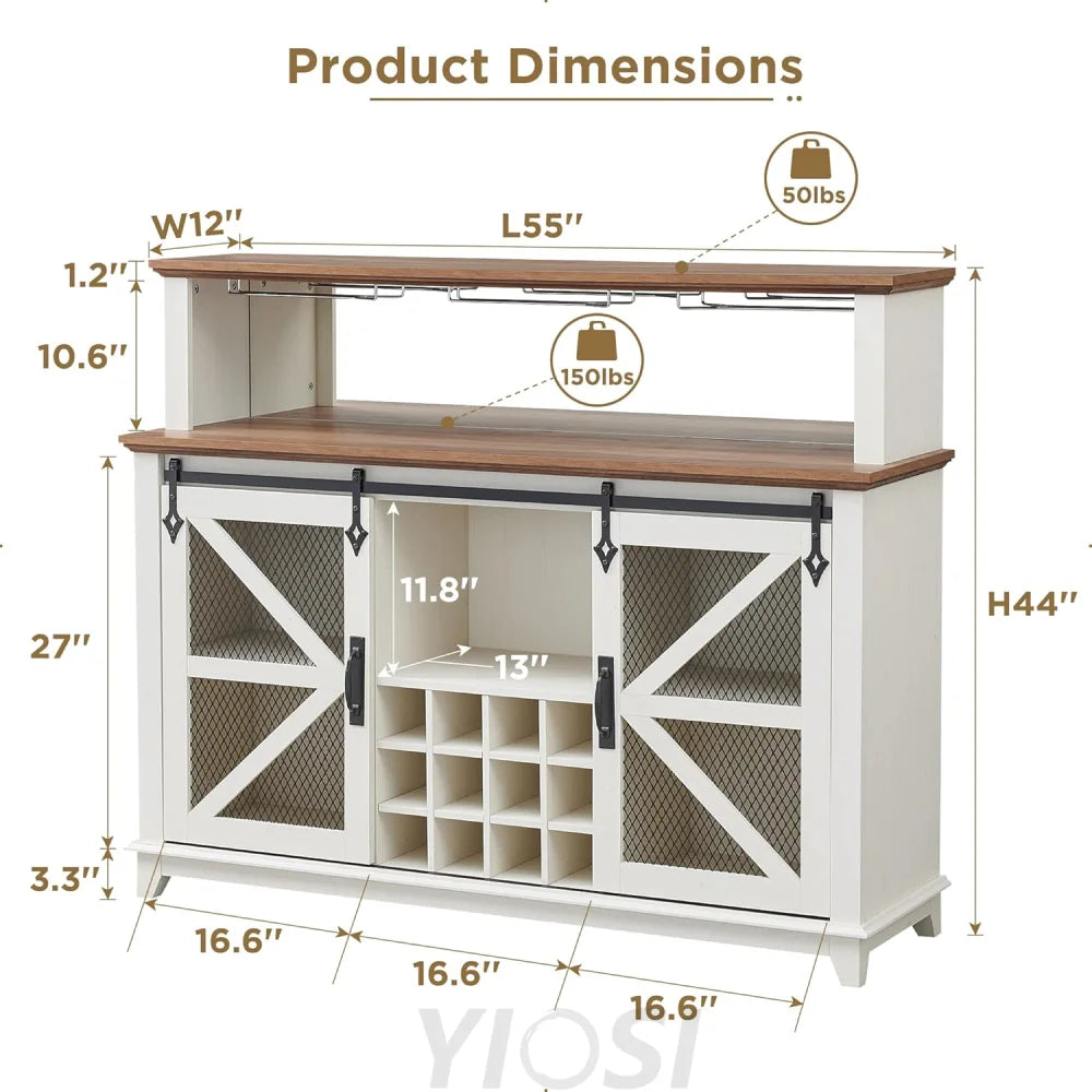 Farmhouse Coffee Bar Cabinet with LED Lights Antique White, 55-Inch
