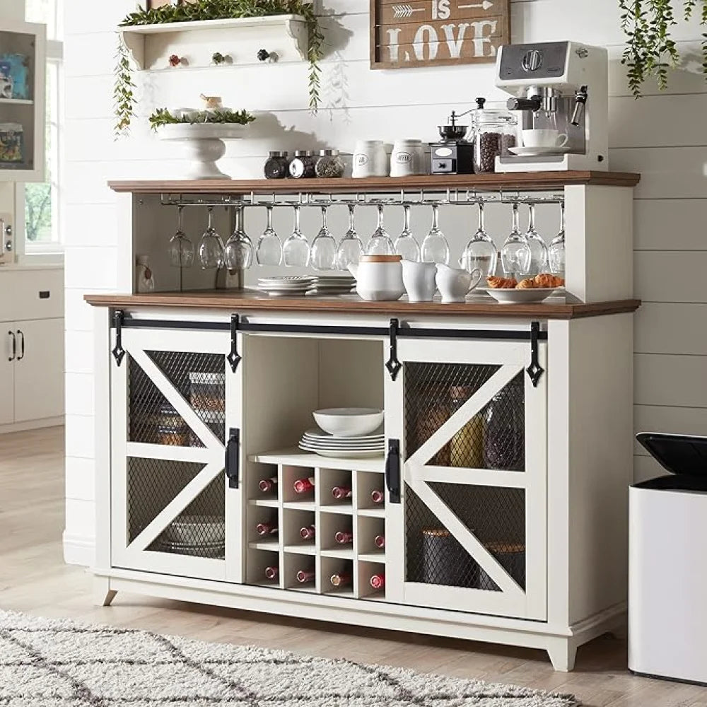 Farmhouse Coffee Bar Cabinet with LED Lights Antique White, 55-Inch