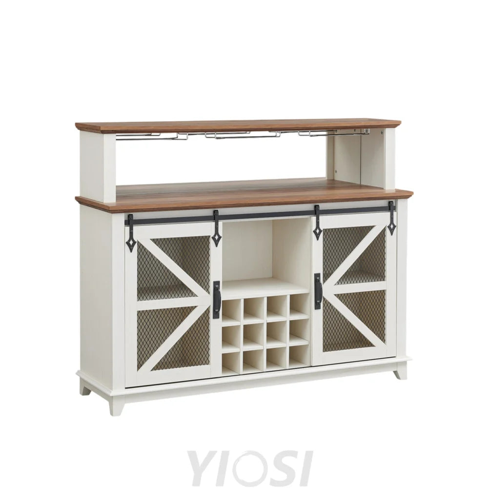 Farmhouse Coffee Bar Cabinet with LED Lights Antique White 55-Inch