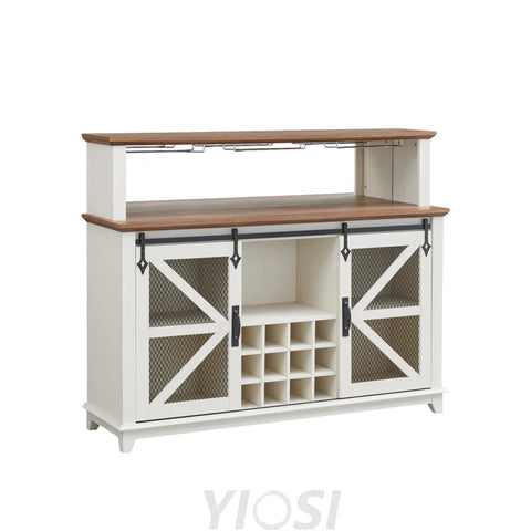 Farmhouse Coffee Bar Cabinet with LED Lights Antique White 55-Inch