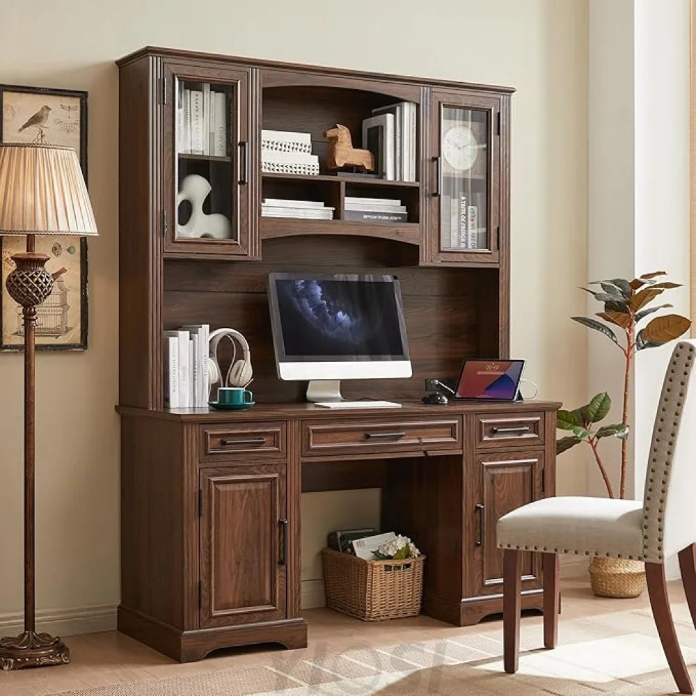 Farmhouse Computer Desk with Hutch, Charging Station and Storage