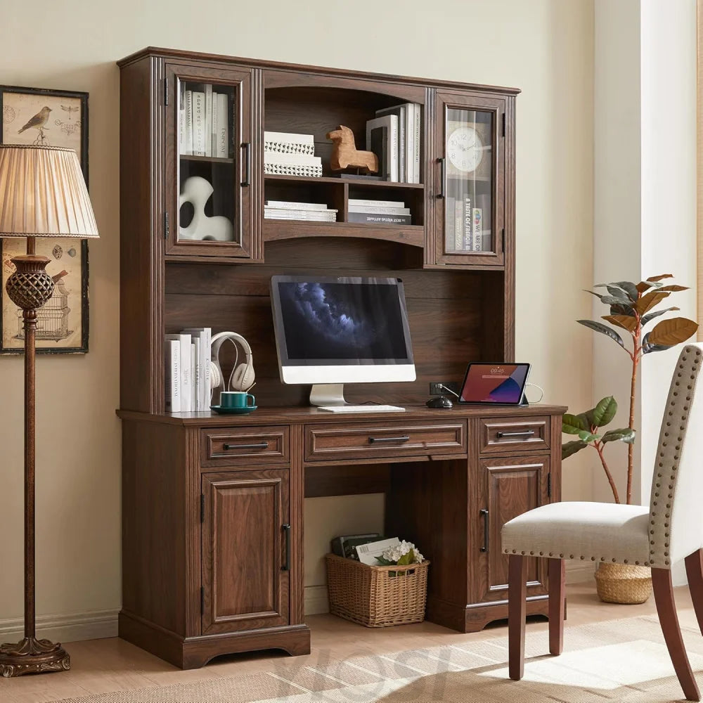 Farmhouse Computer Desk with Hutch, Charging Station and Storage