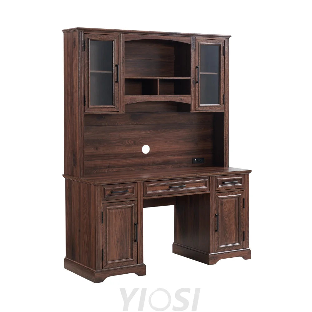 Farmhouse Computer Desk with Hutch Charging Station and Storage 58’’