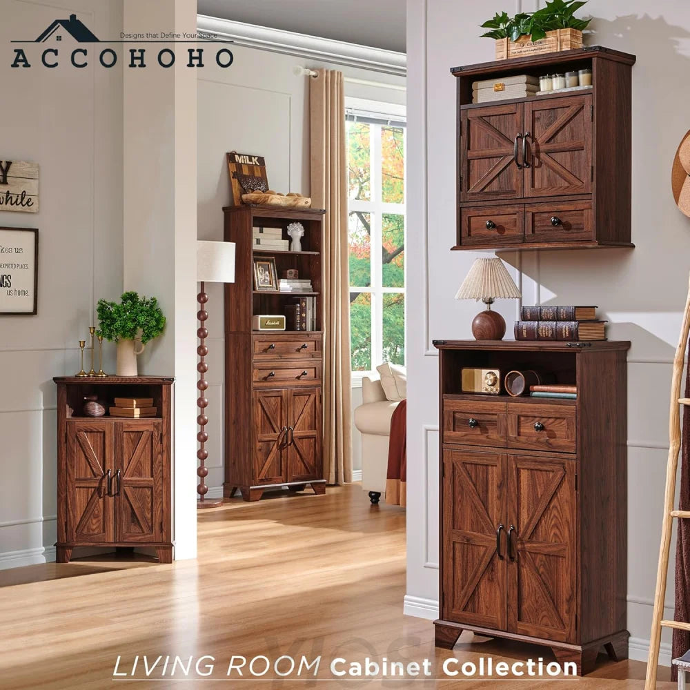 Farmhouse Corner Bathroom Cabinet with Barn Door and Adjustable Shelf