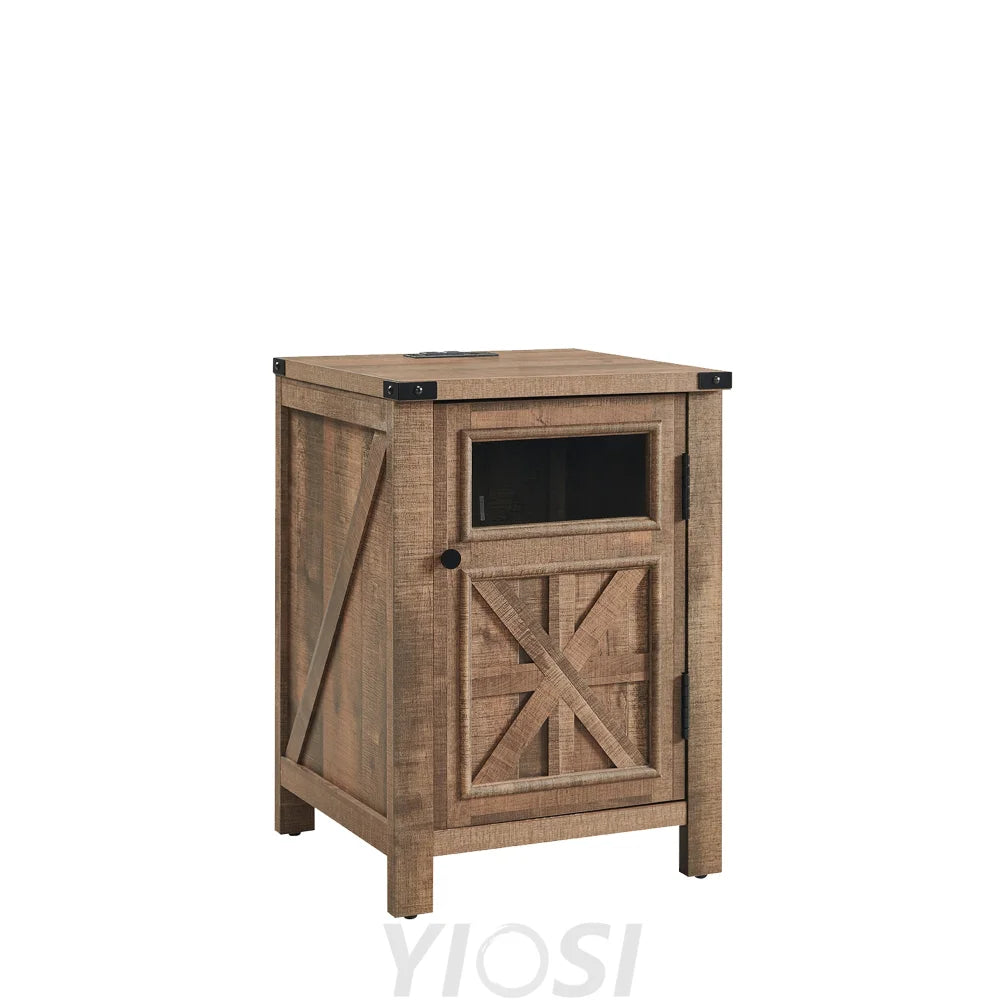 Farmhouse End Table 18’’ with 3-Tier Storage Charging Station Rustic Barn Door Nightstand
