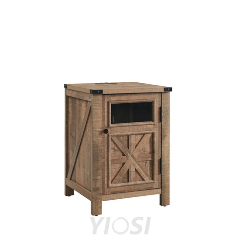 Farmhouse End Table 18’’ with 3-Tier Storage Charging Station Rustic Barn Door Nightstand