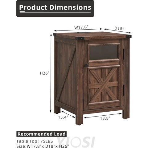 Farmhouse End Table with Charging Station Rustic Barn Door Nightstand