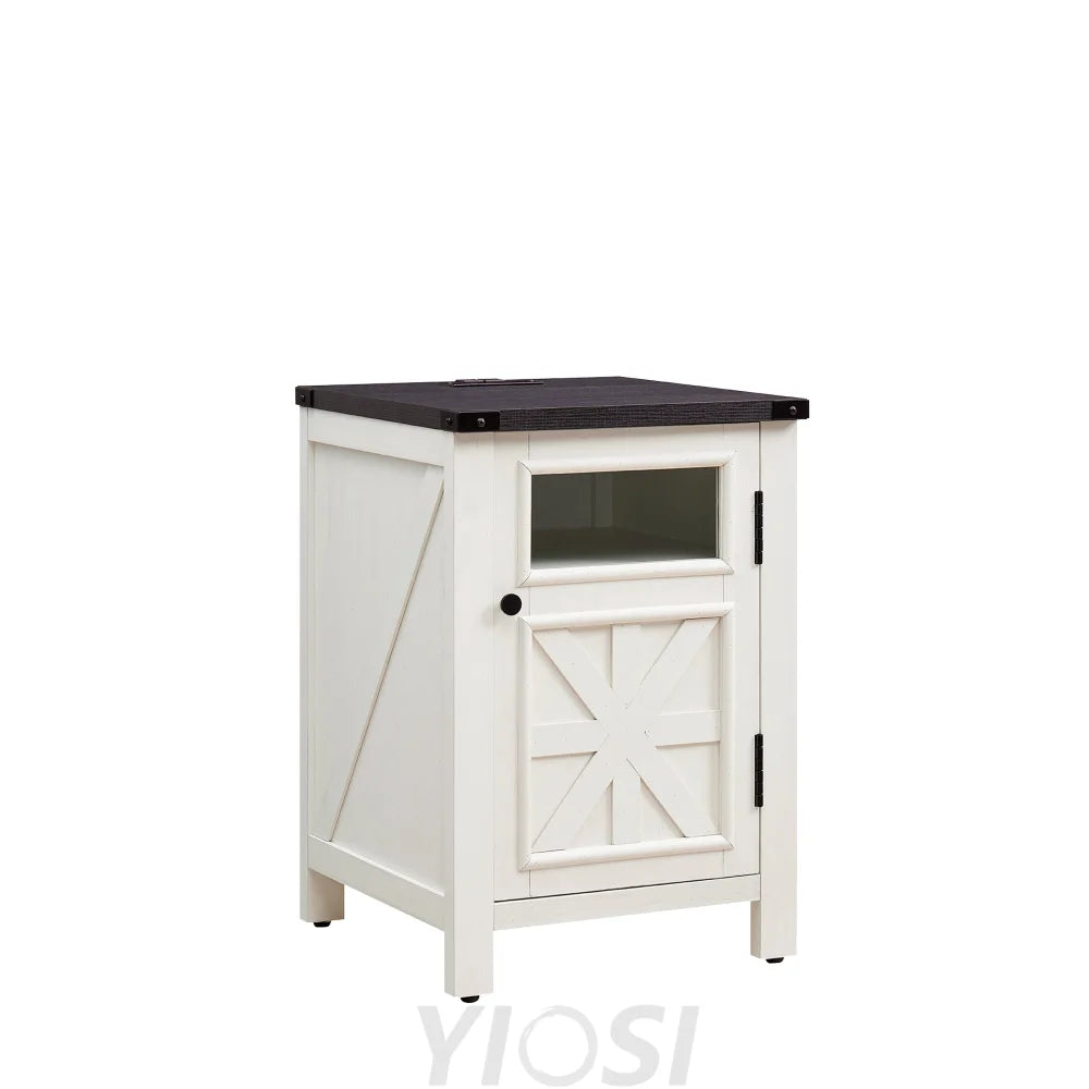 Farmhouse End Table 18’’ with 3-Tier Storage Charging Station Rustic Barn Door Nightstand