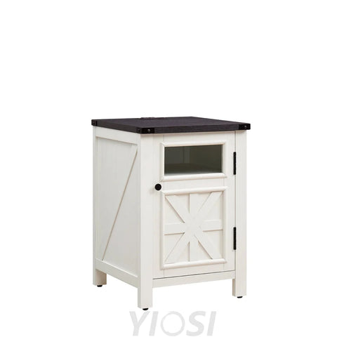 Farmhouse End Table 18’’ with 3-Tier Storage Charging Station Rustic Barn Door Nightstand