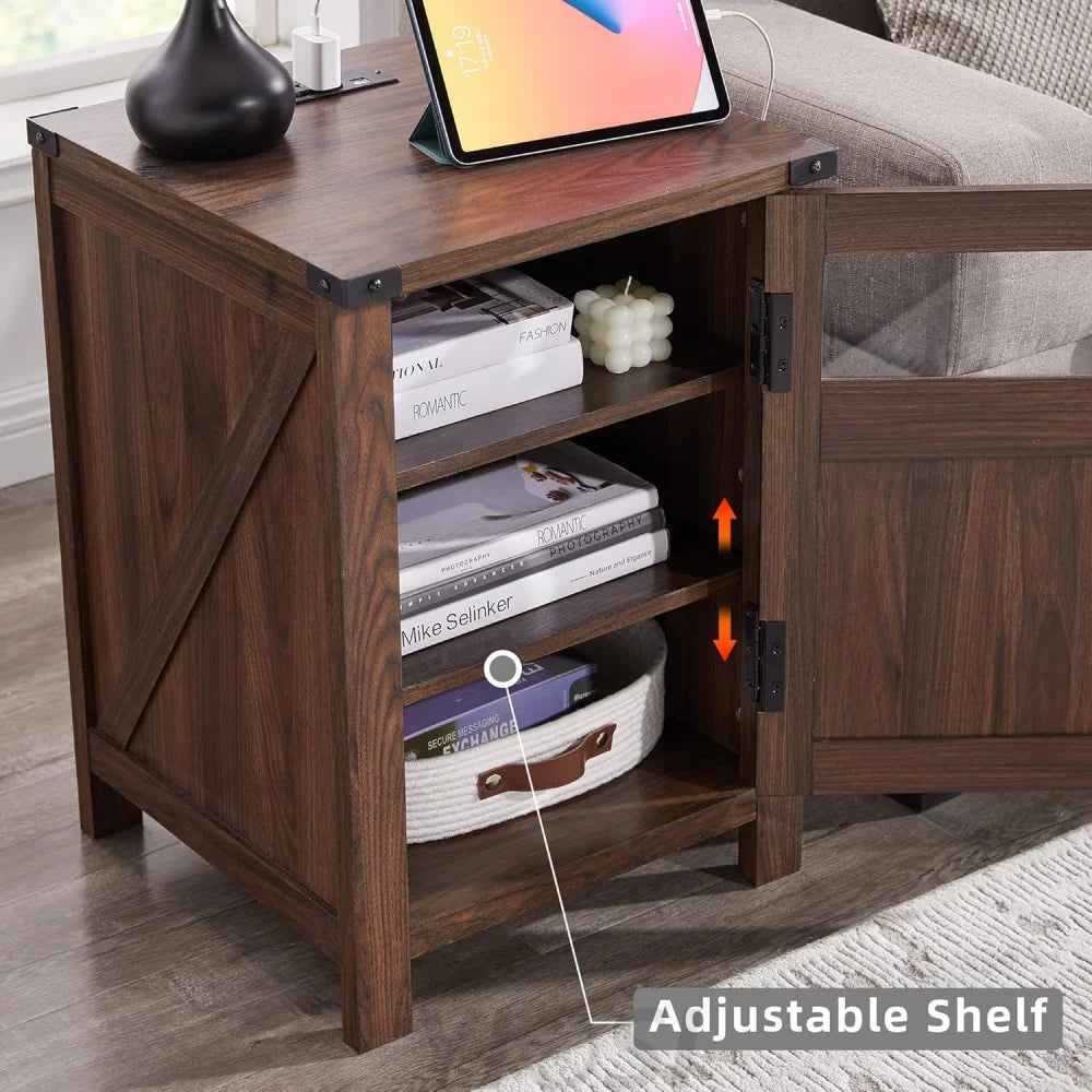 Farmhouse End Table with Charging Station Rustic Barn Door Nightstand