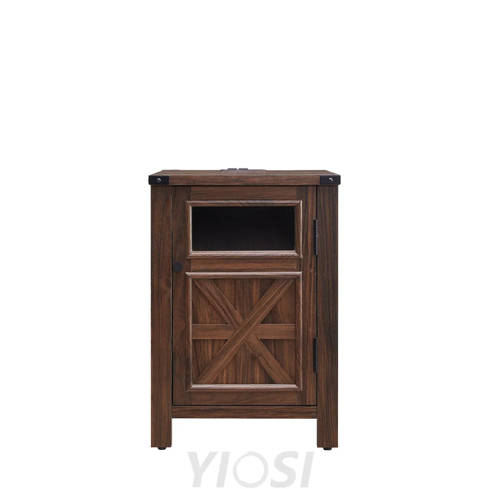 Farmhouse End Table 18’’ with 3-Tier Storage Charging Station Rustic Barn Door Nightstand