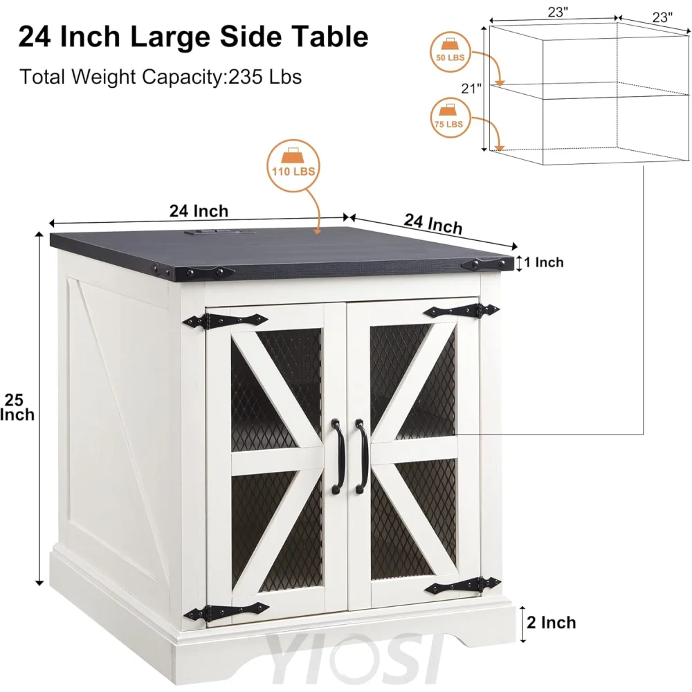 Farmhouse End Table with Charging Station, Rustic Wood Nightstand