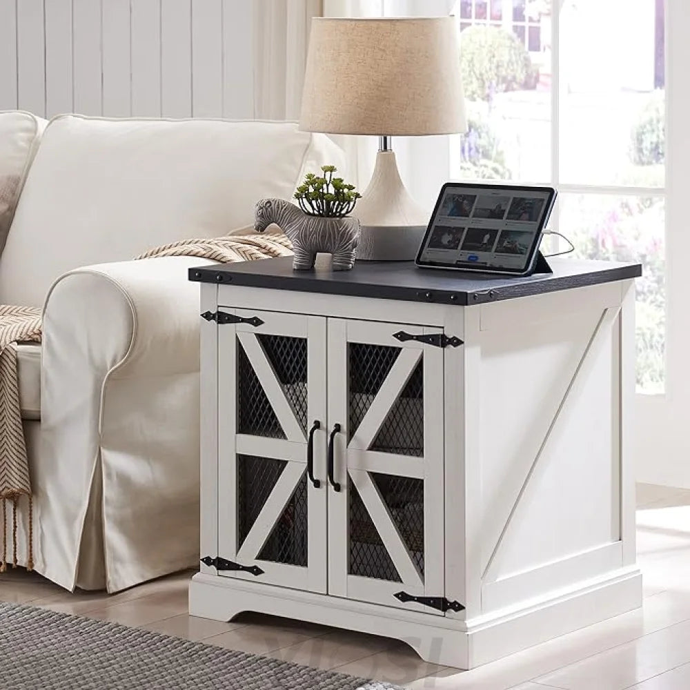 Farmhouse End Table with Charging Station, Rustic Wood Nightstand