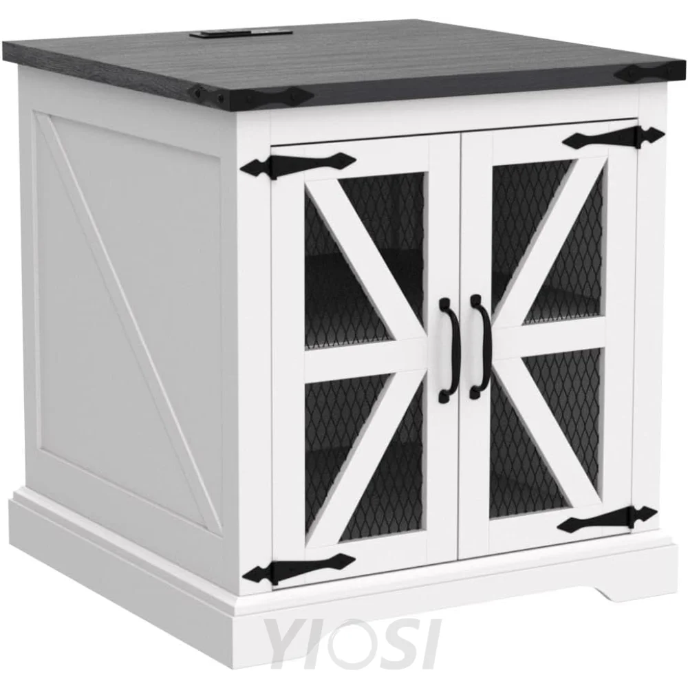 Farmhouse End Table with Charging Station, Rustic Wood Nightstand
